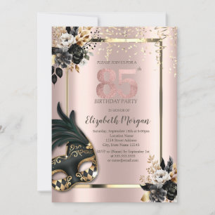 Convite Máscara Rosas Pretas Confete Rosa Dourado 85º