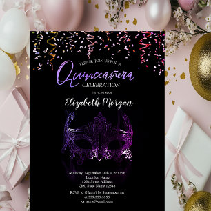 Convite Máscara Roxa,Confetes Mascarada Quinceañera