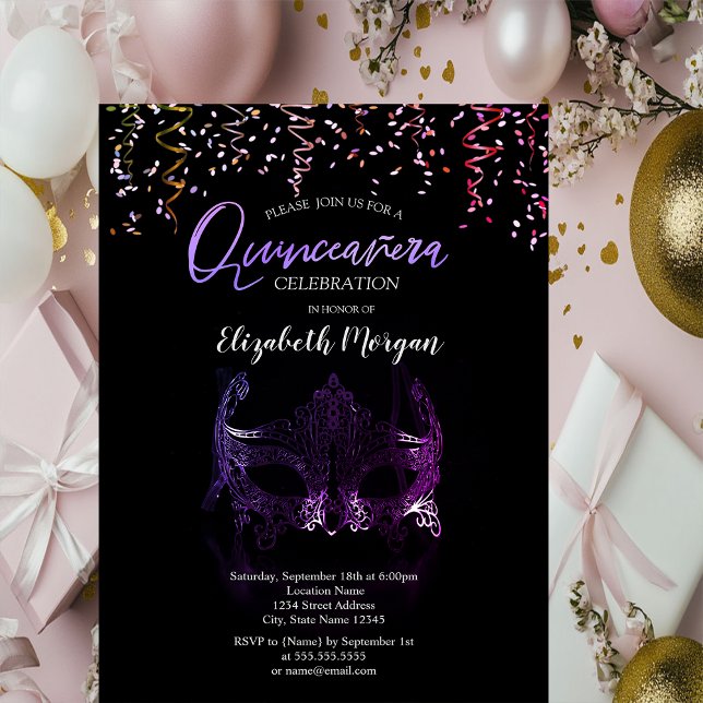 Convite Máscara Roxa,Confetes Mascarada Quinceañera  (Criador carregado)