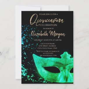 Convite Máscara Verde, Confetes Quinceañera