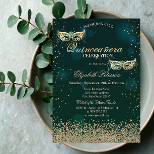 Convite Máscara Verde para Quinceañera da Modern Gold Diam