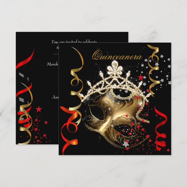 Convite Máscara Vermelha 15 de Quinceanera Festa de aniver (Frente/Verso)