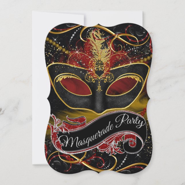 Convite Máscara Vermelha e Dourada Brilho Mascarada (Frente)
