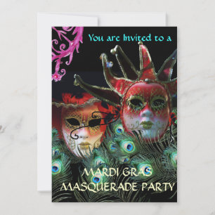 CONVITE MÁSCARA VERMELHA E JESTER COM PENAS DE PAZ