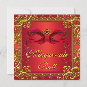 Convite Máscara Vermelha Elegante Dourada Festa de Máscara