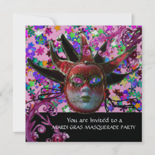 Convite MÁSCARA VERMELHA PRETA do BOBO DA CORTE, prata do