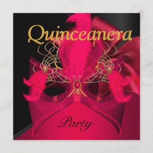 Convite Máscara Vermelha Preta Dourada Quinceanera Mascara