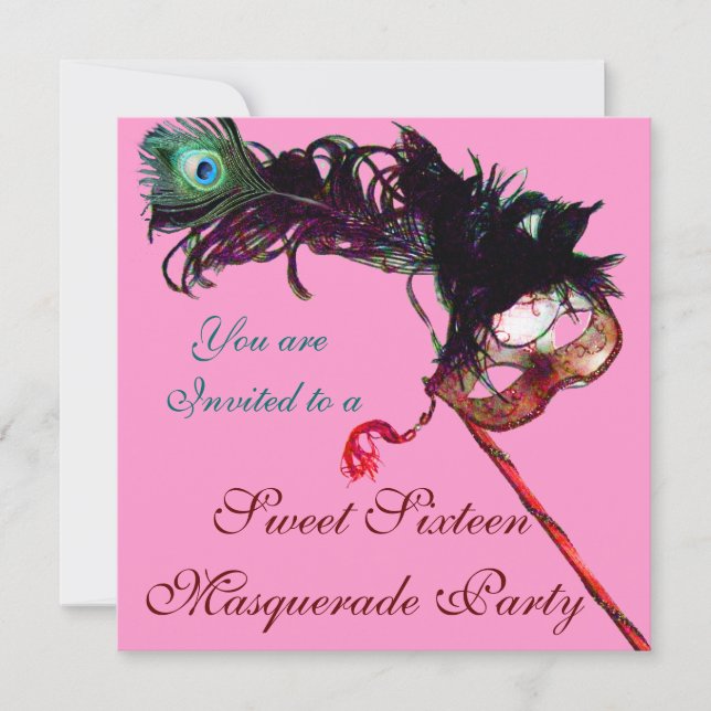 Convite MASCARADA, 16.o PARTIDO, cor-de-rosa, Dourado, (Frente)