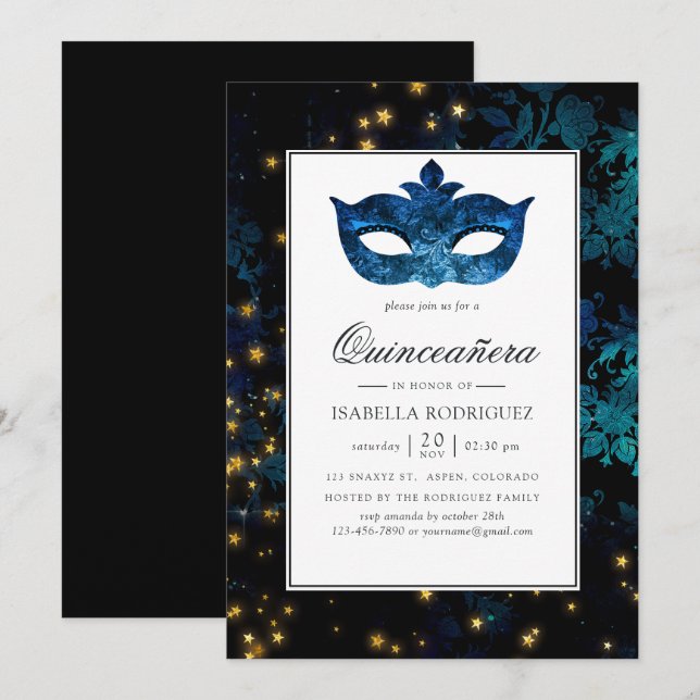 Convite Mascarada à Meia-Noite em Damasco Quinceañera (Frente/Verso)