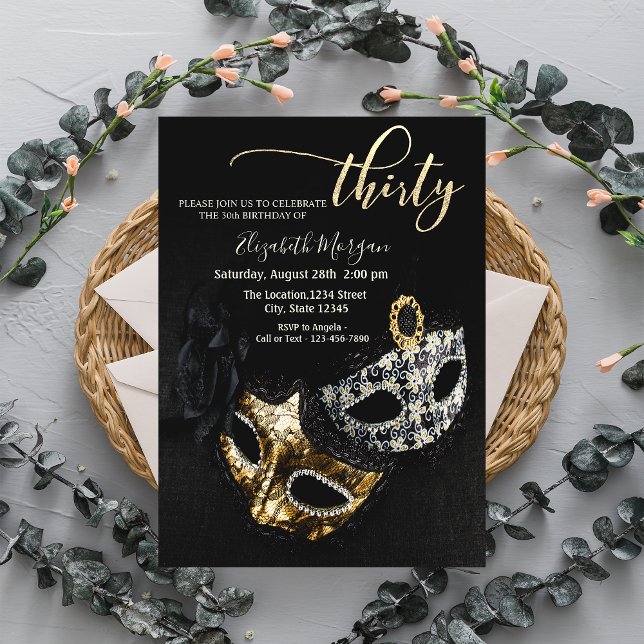 Convite Mascarada, aniversário de 30 anos preto Masque (Criador carregado)