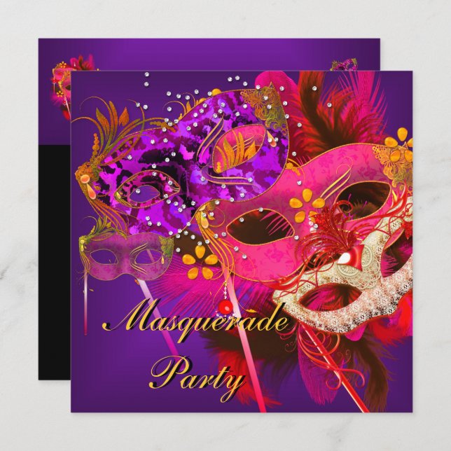 Convite Mascarada Ball Party Cor-de-rosa Laranja Roxo (Frente/Verso)