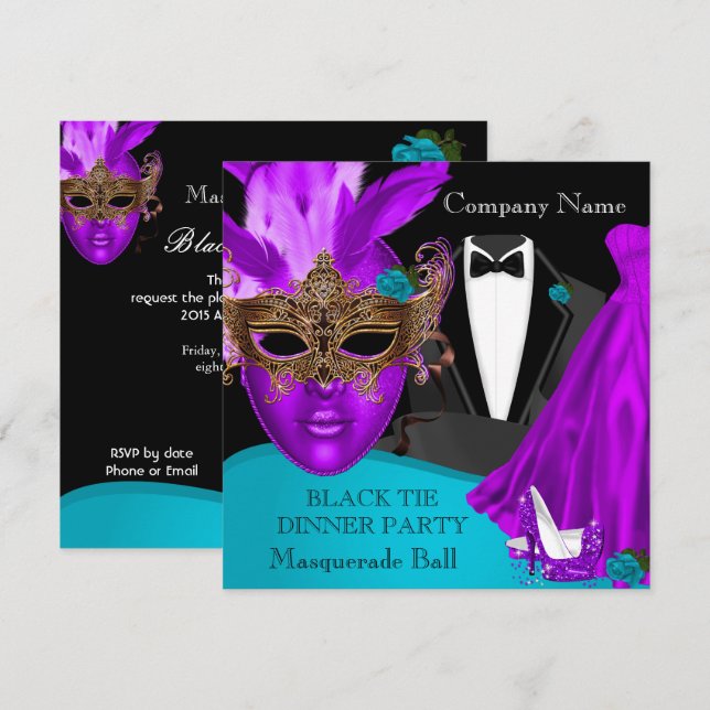 Convite Mascarada Ball Roxo Teal Black Tie Party (Frente/Verso)