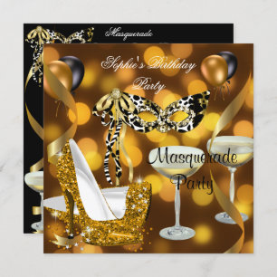Convite Mascarada Birthday Dourado Stiletto Champagne 2