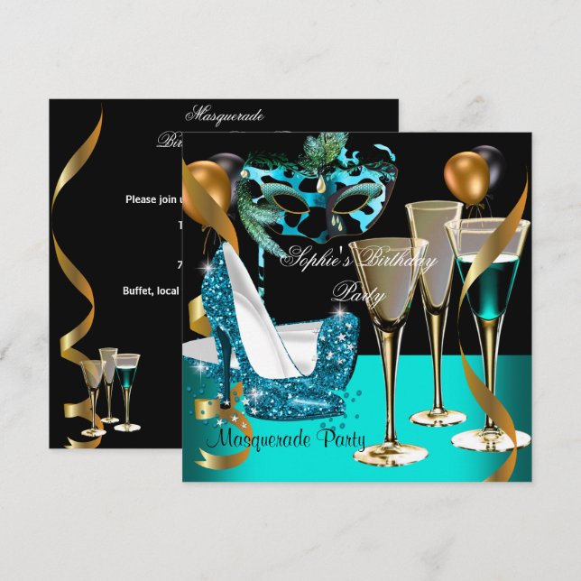 Convite Mascarada Birthday Teal Dourado Wine Stiletto 2 (Frente/Verso)