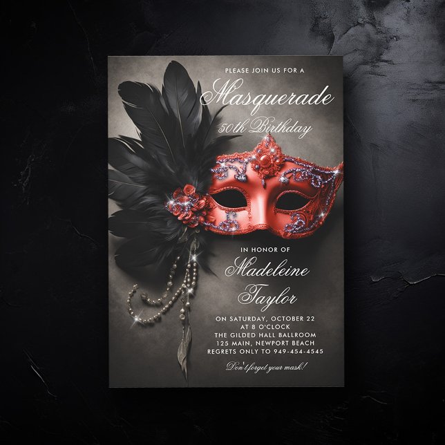 Convite Mascarada Black Silver Red Moody 50º aniversário (50th birthday invitation for women masquerade theme christmas red silver black elegant painting)