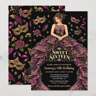 Convite Mascarada Borgonha Dourado Sweet Sixteen