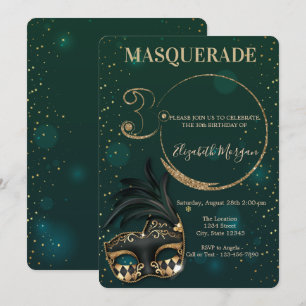 Convite Mascarada Brilho Dourado Verde Aniversário de 30 a