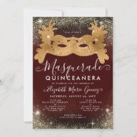 Mascarada Burgundy Red Dourado Glitter Quinceanera