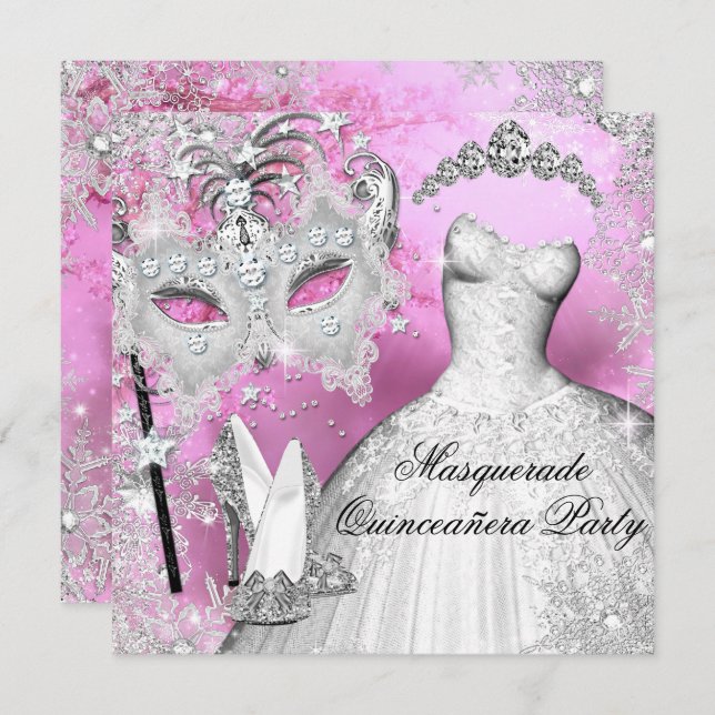 Convite Mascarada da Princesa Quinceanera, prata rosa (Frente/Verso)