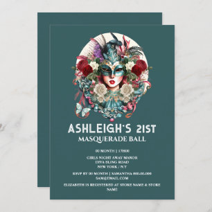 Convite Mascarada de aniversário vestindo máscara de ouro 