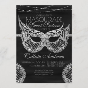 Convite Mascarada de Lace de Prata Negra Doce 16