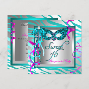 Convite Mascarada Doce 16 Dezesseis Azul Turquesa Zebra
