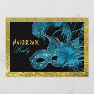 Convite Mascarada Doce 16 festas azuis, folha de ouro