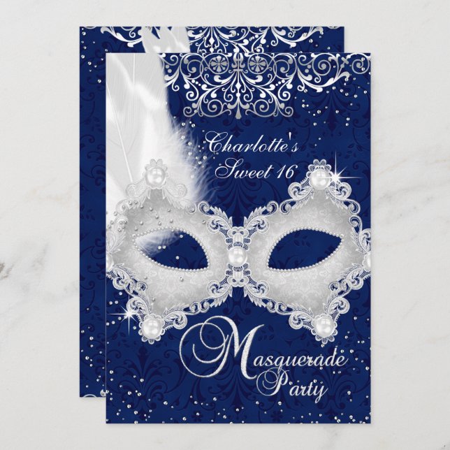 Convite Mascarada Doce 16 para Máscara Azul Silver Damask (Frente/Verso)