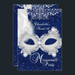 Convite Mascarada Doce 16 para Máscara Azul Silver Damask<br><div class="desc">Doce 16 Convite de aniversário. Máscara de pérolas brancas elegantes e joias brilhantes. Por favor,  note: todas as imagens planas!</div>