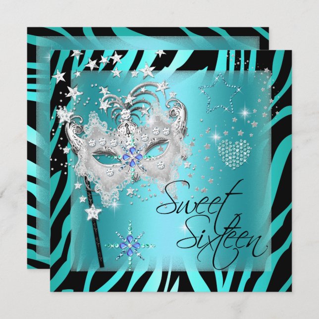 Convite Mascarada Doce 16 Sweet 16 Teal Zebra (Frente/Verso)