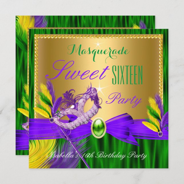 Convite Mascarada Doce 16 Verde Roxo Dourado (Frente/Verso)