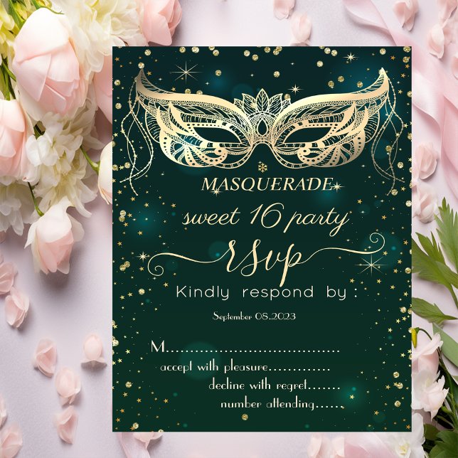 Convite Mascarada Dourado Diamantes Green Sweet 16 RSVP (Criador carregado)