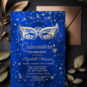 Convite Mascarada, Estrelas Douradas Quinceañera Azul