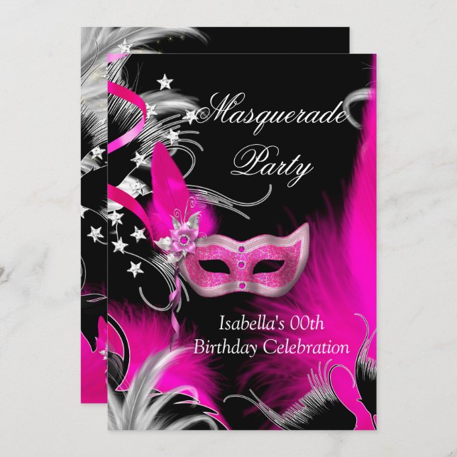 Convite Mascarada Festa de aniversário Máscara Rosa Quente (Frente/Verso)