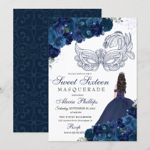 Convite Mascarada Floral Azul-marinho Doce 16