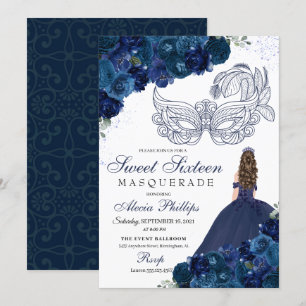 Convite Mascarada Floral Azul-marinho Doce 16