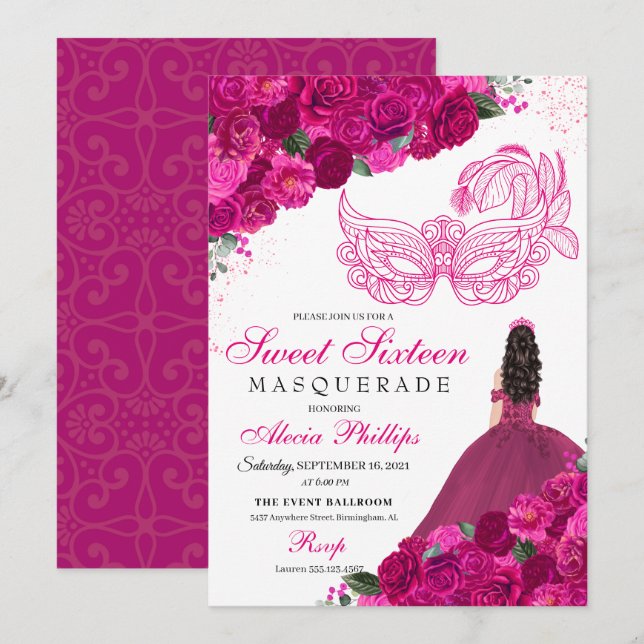 Convite Mascarada Floral cor-de-rosa Fuchsia Doce 16 Convi (Frente/Verso)