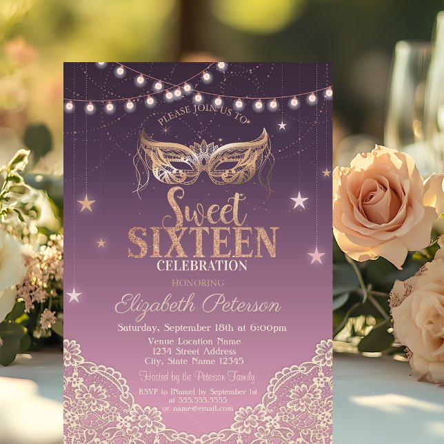 Convite Mascarada,Luzes de Corda,Renda Sweet 16 (Criador carregado)