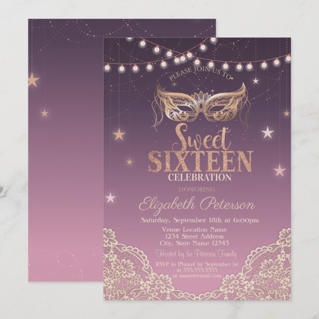 Convite Mascarada,Luzes de Corda,Renda Sweet 16 (Frente/Verso)