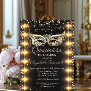 Convite Mascarada, Máscara, Diamantes, Luzes Quinceañera