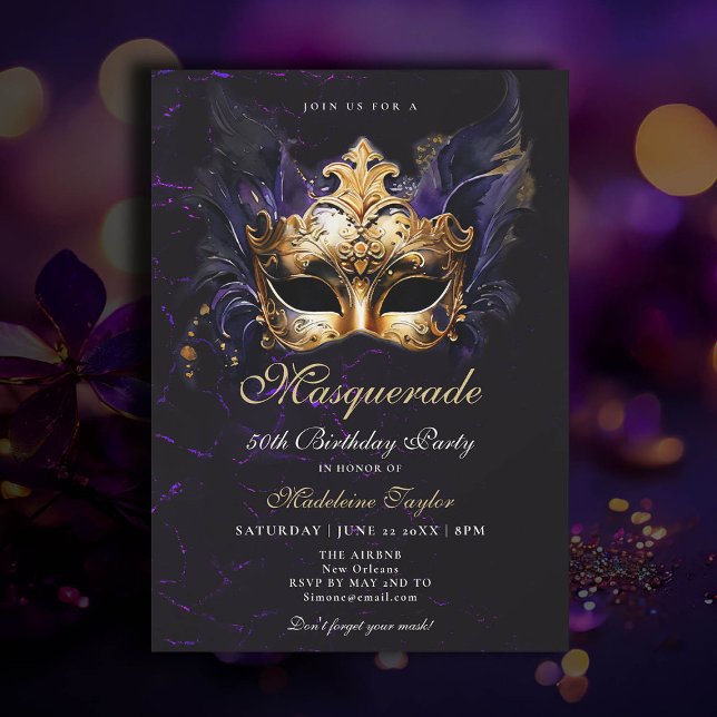 Convite Mascarada Máscara Dourada Roxo Dramático 50º Anive (50th birthday themes masquerade party venetian mask elegant classy watercolor purple gold black )