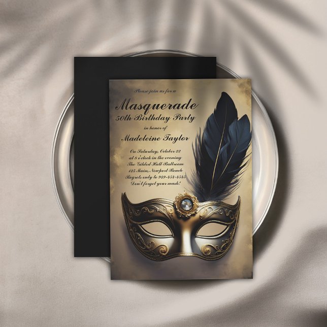 Convite Mascarada Máscara Negra Dourada Dramática 50º Aniv (masquerade 50th birthday party invitation dramatic gold black venetian mask elegant modern classy)