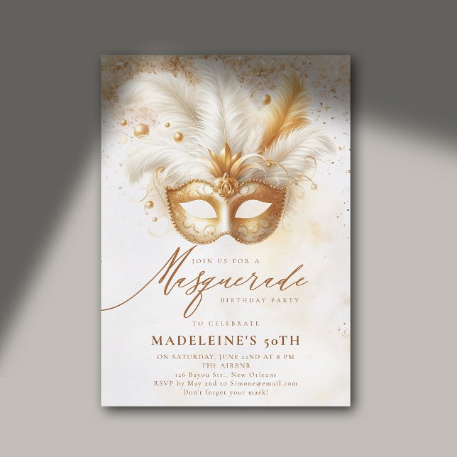 Convite Mascarada Mask Dourado Branco Dramático 50º Aniver (masquerade birthday party 50th for women white gold watercolor elegant modern classy stylish)