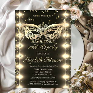 Convite Mascarada Ouro Diamantes Luzes Sweet 16