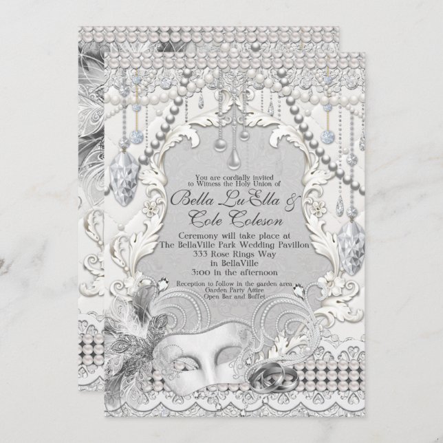 Convite Mascarada Pearls Diamond Bling Invitation (Frente/Verso)