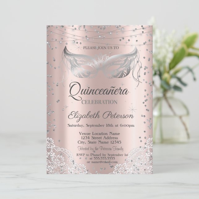 Convite Mascarada Prateada, Rosa Dourada de Renda Quinceañ (Em pé/Frente)