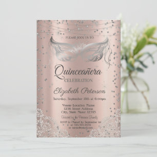 Convite Mascarada Prateada, Rosa Dourada de Renda Quinceañ