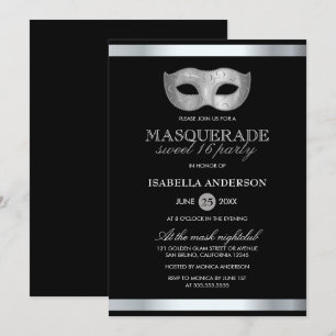 Convite Mascarada preto e prata elegante Festa 16