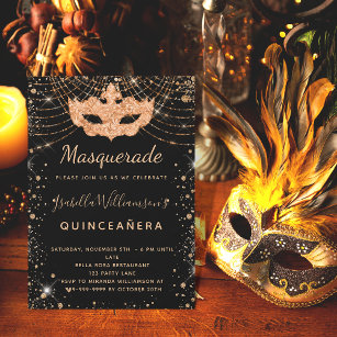 Convite Mascarada preto-ouro-brilho Quinceanera luxo