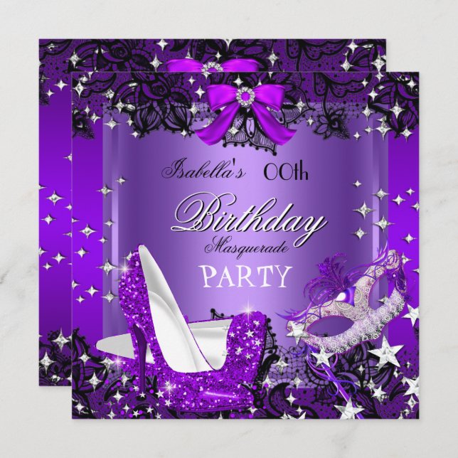 Convite Mascarada Purple Glitter High Heels Party (Frente/Verso)